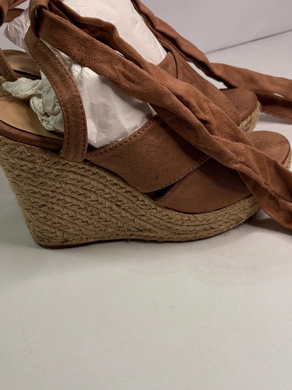 Bella Marie Faux Suede Wrap Espadrille Wedge Sandals in Brown Sz 7
